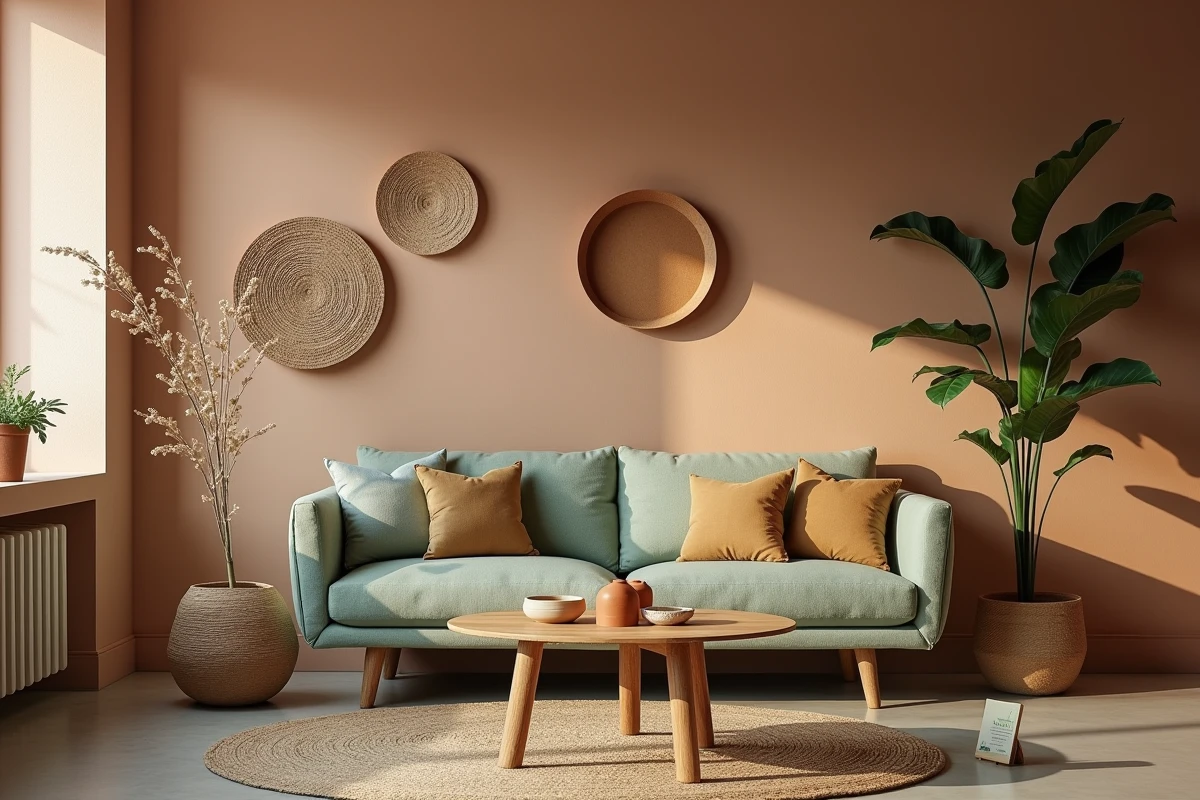 Salon décoré avec des meubles en bois recyclé et des matériaux éco-responsables issus du commerce équitable