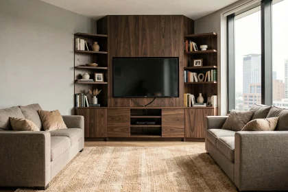 Salon en L avec meuble TV d'angle en bois foncé positionné à la jonction des canapés