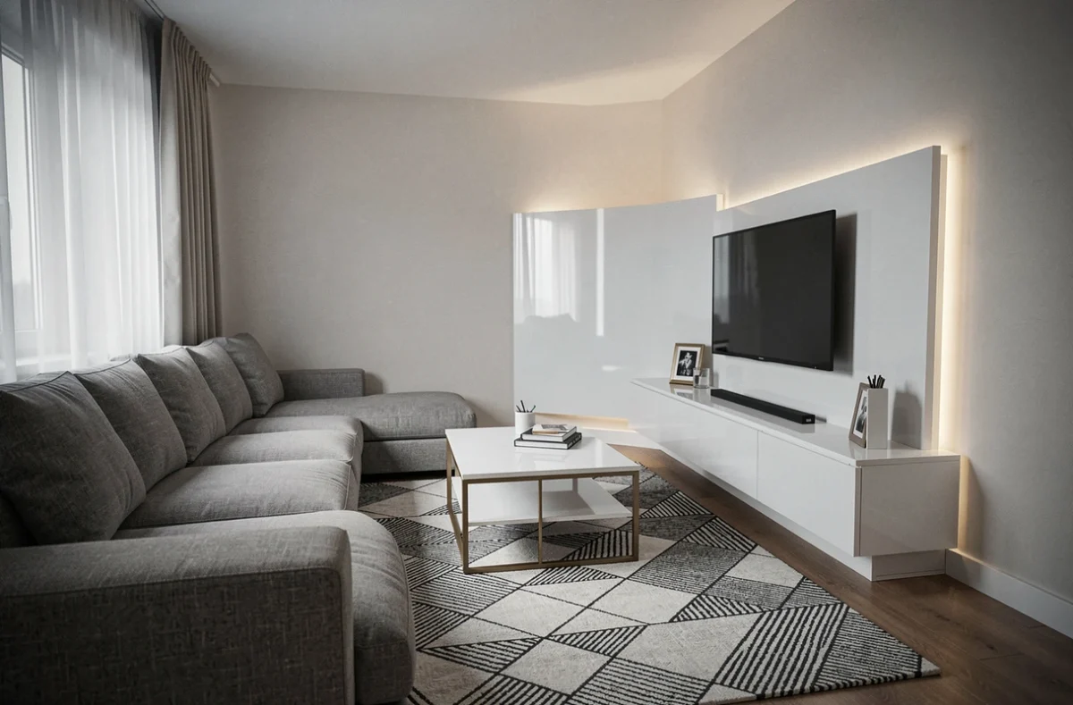 Salon en longueur avec meuble TV d'angle blanc brillant en bout de pièce