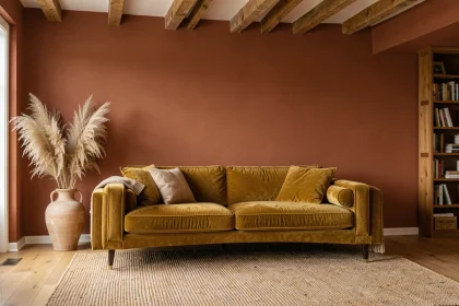 Salon chaleureux avec peinture murale terracotta et mobilier en velours moutarde pour une décoration intérieure chaleureuse en 2026