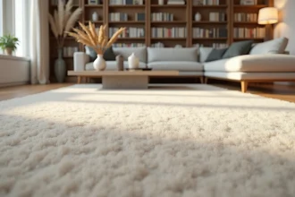 Salon scandinave moderne avec une moquette beige en laine sur parquet en chêne clair, canapé en lin et table basse en béton brut