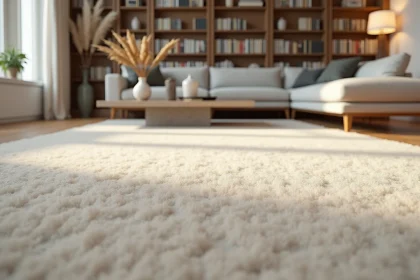 Salon scandinave moderne avec une moquette beige en laine sur parquet en chêne clair, canapé en lin et table basse en béton brut