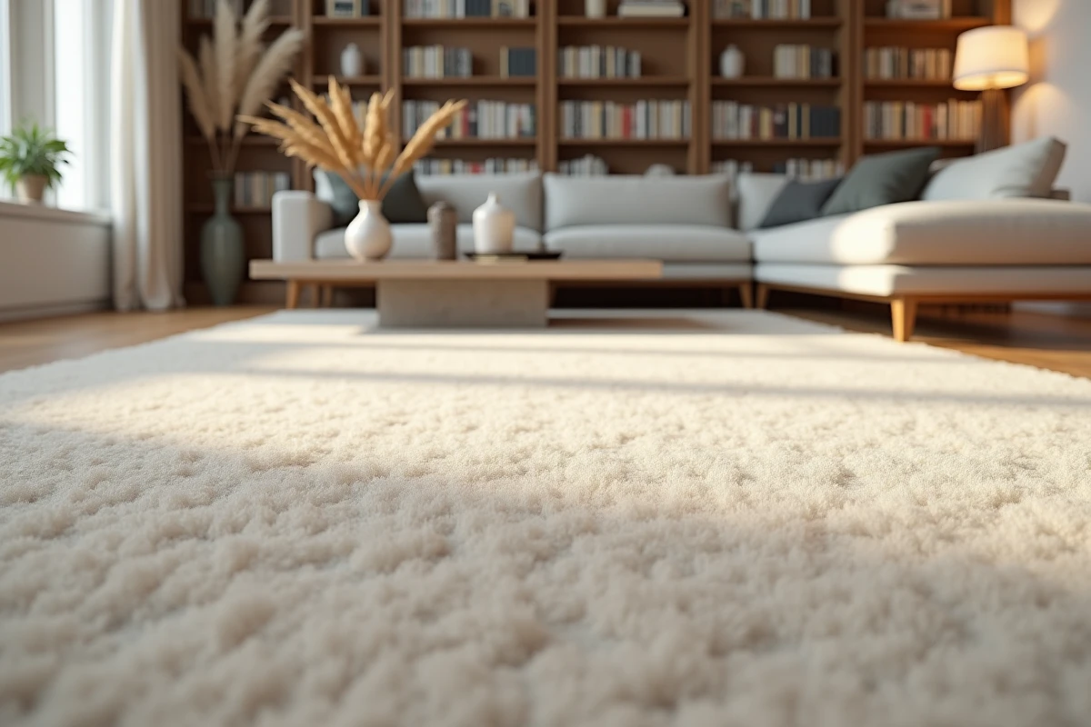 Salon scandinave moderne avec une moquette beige en laine sur parquet en chêne clair, canapé en lin et table basse en béton brut