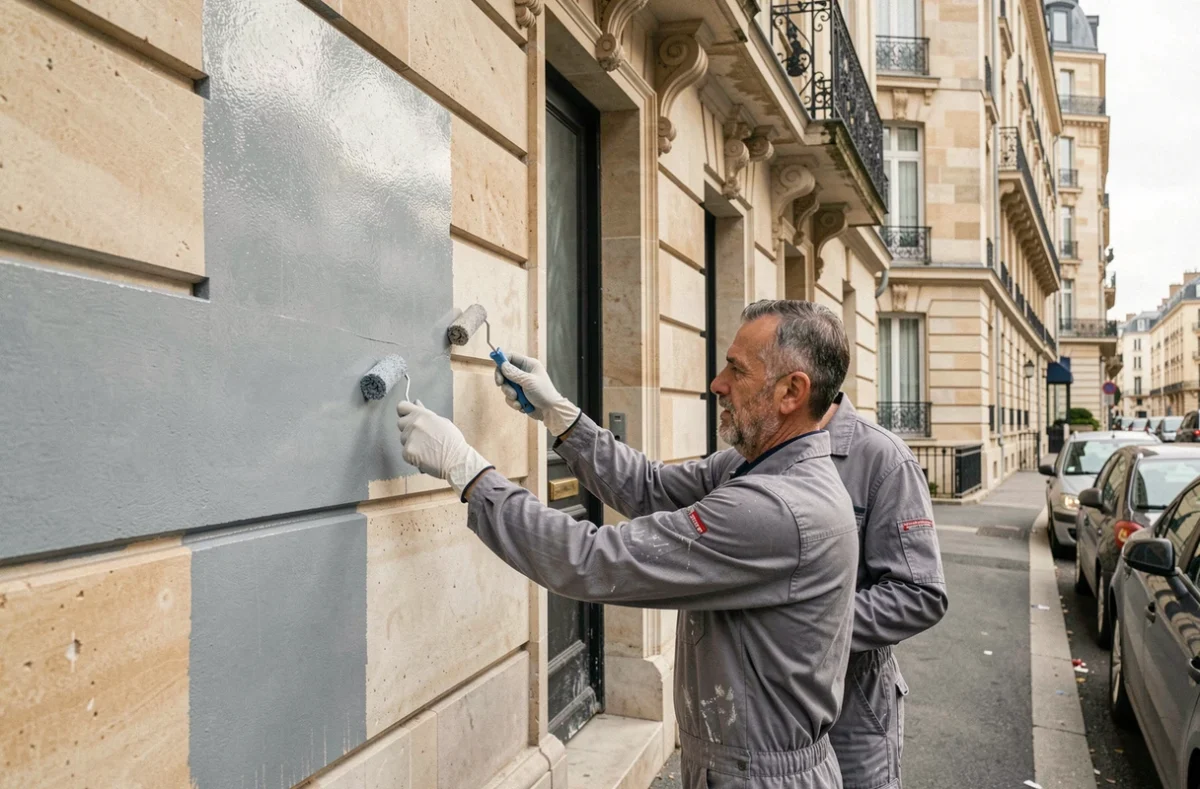 Deux peintres de SARL GPB Peinture travaillant sur la façade d'un immeuble résidentiel à Levallois-Perret