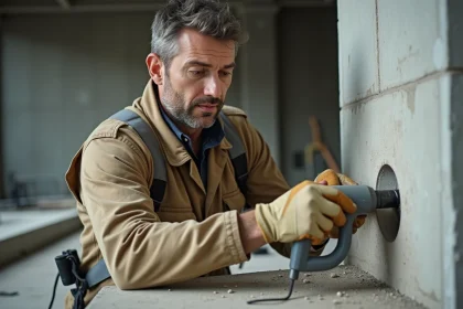 Ouvrier du bâtiment insérant une cartouche de scellement chimique dans un support béton sur un chantier industriel