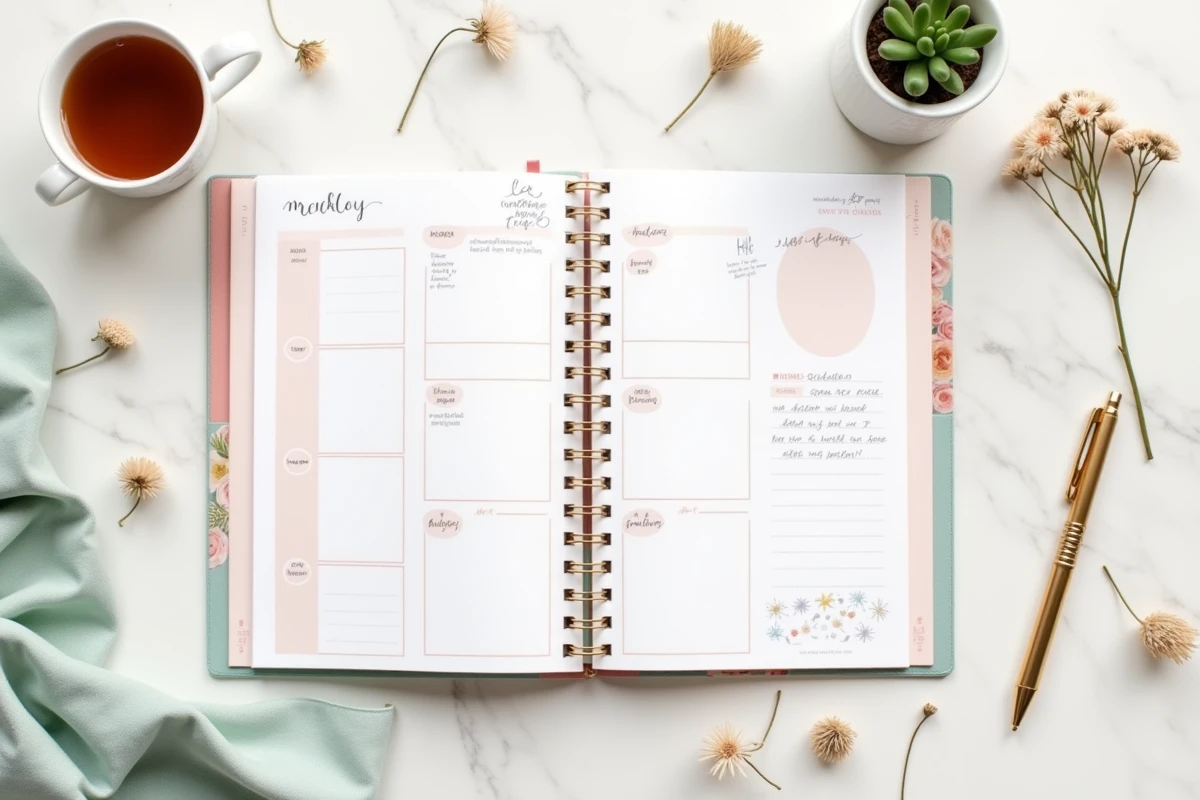 Semainier imprimé ouvert sur marbre entouré de fleurs séchées, d'un stylo doré et d'une tasse de thé
