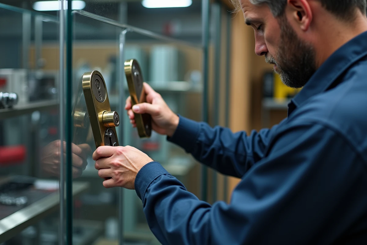 Serrurier comparant deux pênes de serrure dans une quincaillerie pour évaluer leur qualité