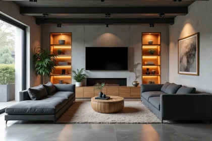 Sous-sol aménagé en salon moderne avec canapé gris, étagères en bois et béton ciré