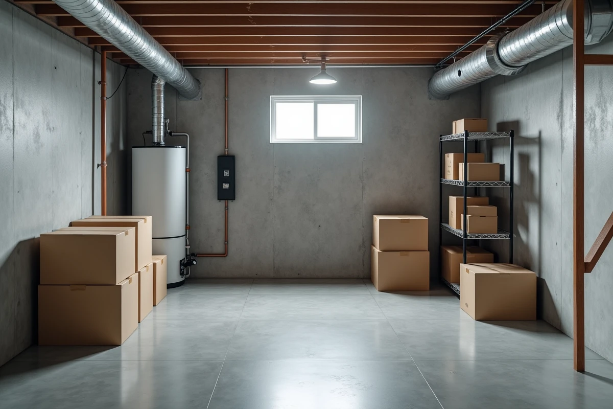 Sous-sol moderne d'une maison avec chauffe-eau, tableau électrique et étagères de rangement en béton