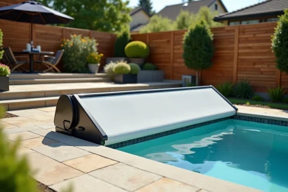 Spa extérieur couvert par un abri polycarbonate rétractable dans un jardin aménagé avec terrasse en pierre naturelle