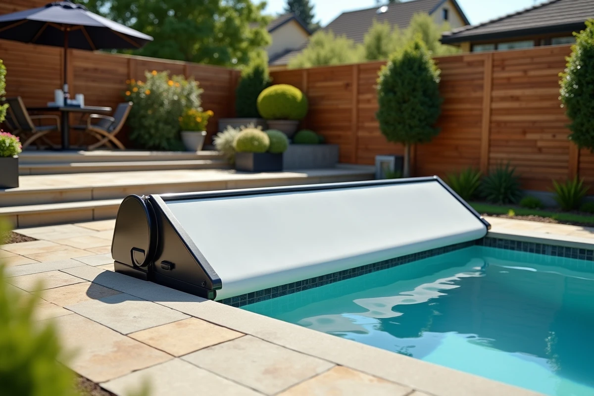 Spa extérieur couvert par un abri polycarbonate rétractable dans un jardin aménagé avec terrasse en pierre naturelle