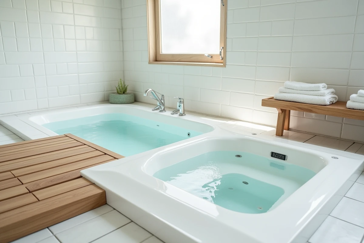 Spa intérieur encastré avec couvercle en bois à lattes dans une salle de bain carrelée aux tons épurés