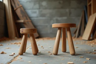 Comparaison entre un tabouret à trois pieds et une chaise à quatre pieds sur un sol en pierre irrégulier, illustrant la stabilité mécanique des structures