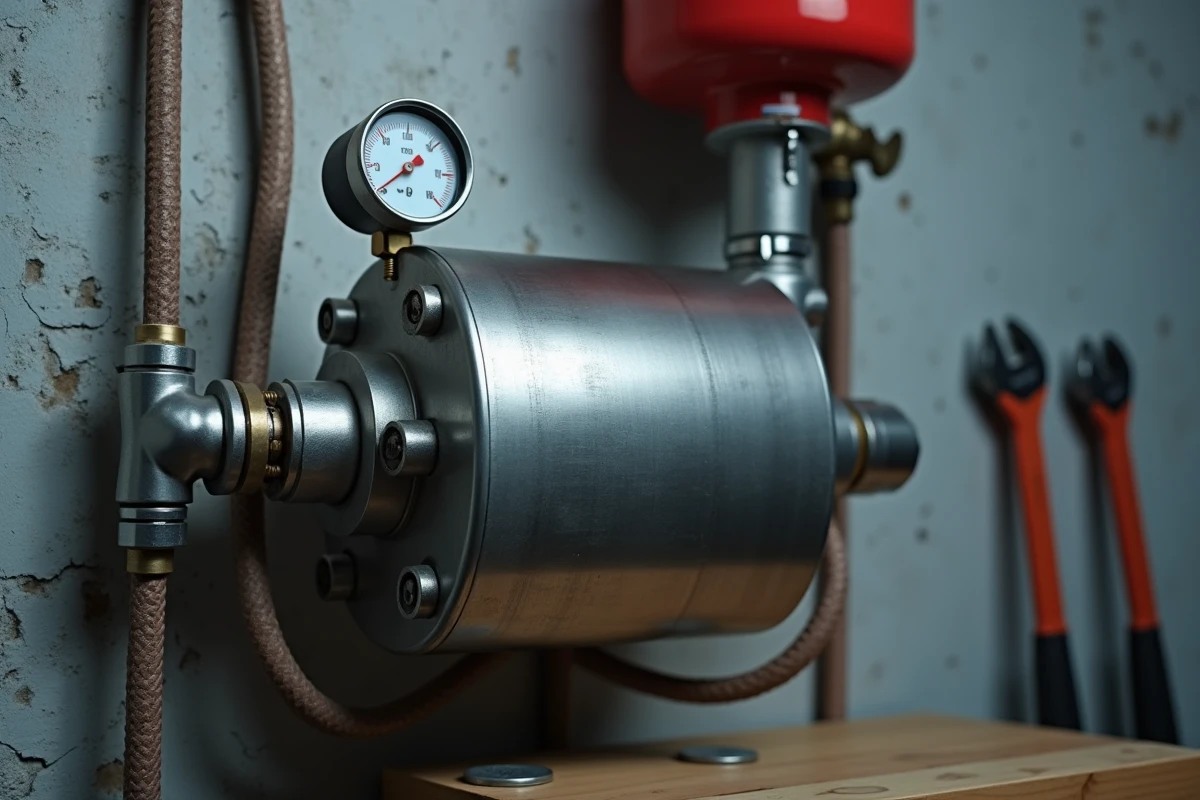 Surpresseur d'eau domestique avec manomètre et tuyaux flexibles en sous-sol