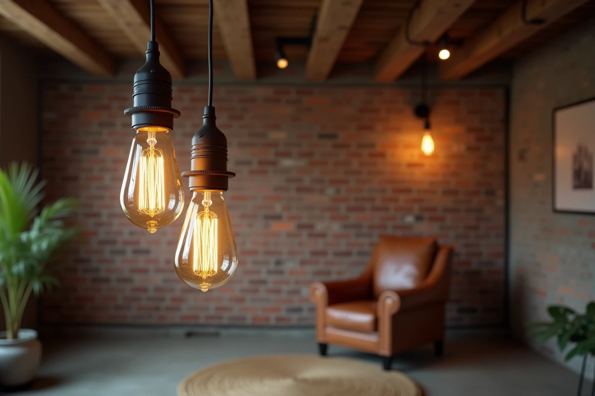 Trio de suspensions industrielles ampoules Edison au-dessus d'un fauteuil en cuir dans un salon style loft