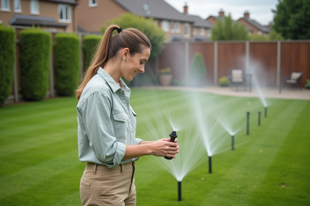 Femme réglant une tête d'arroseur automatique sur une pelouse verte dans un jardin résidentiel