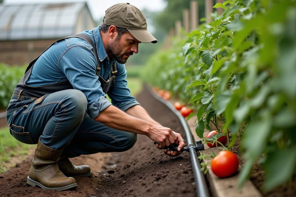 Agriculteur inspectant un système d'irrigation goutte-à-goutte dans un jardin potager avec des plants de tomates