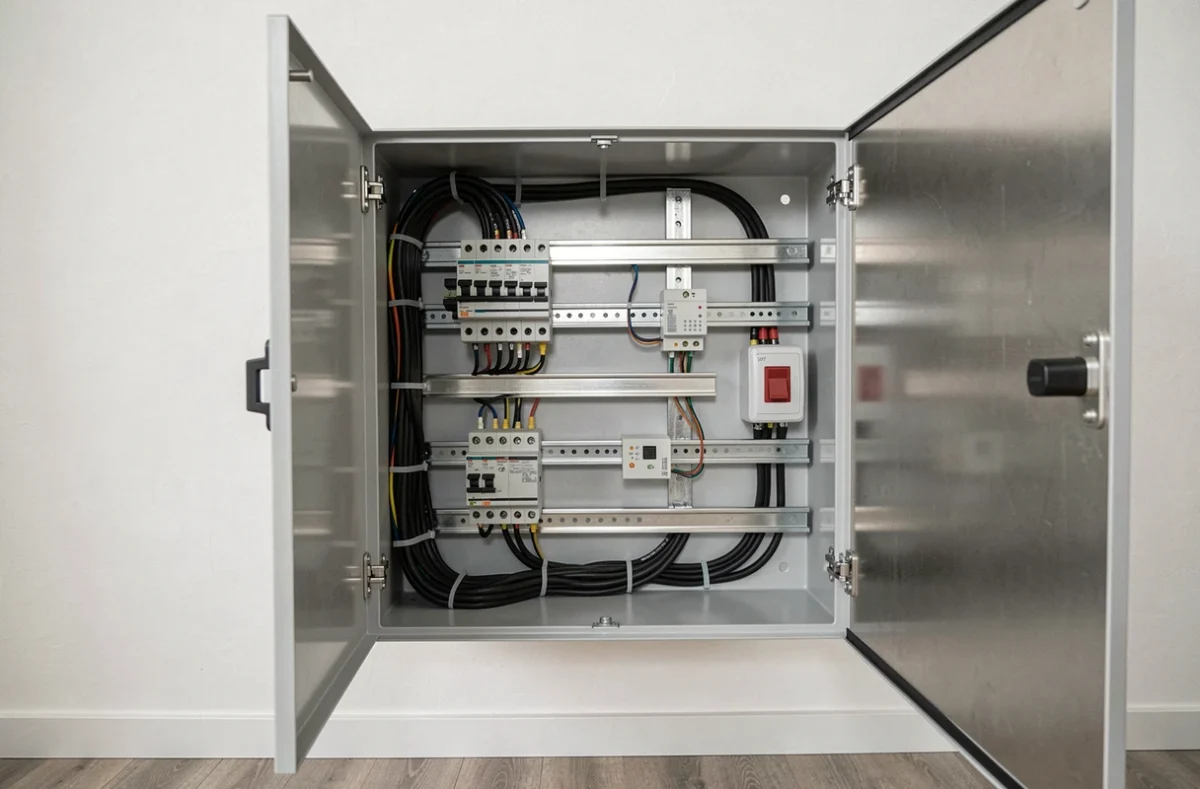 Vue d'ensemble d'un tableau électrique résidentiel avec contacteur jour nuit installé