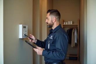Technicien examinant un panneau de contrôle d'alarme Verisure dans un couloir de maison moderne
