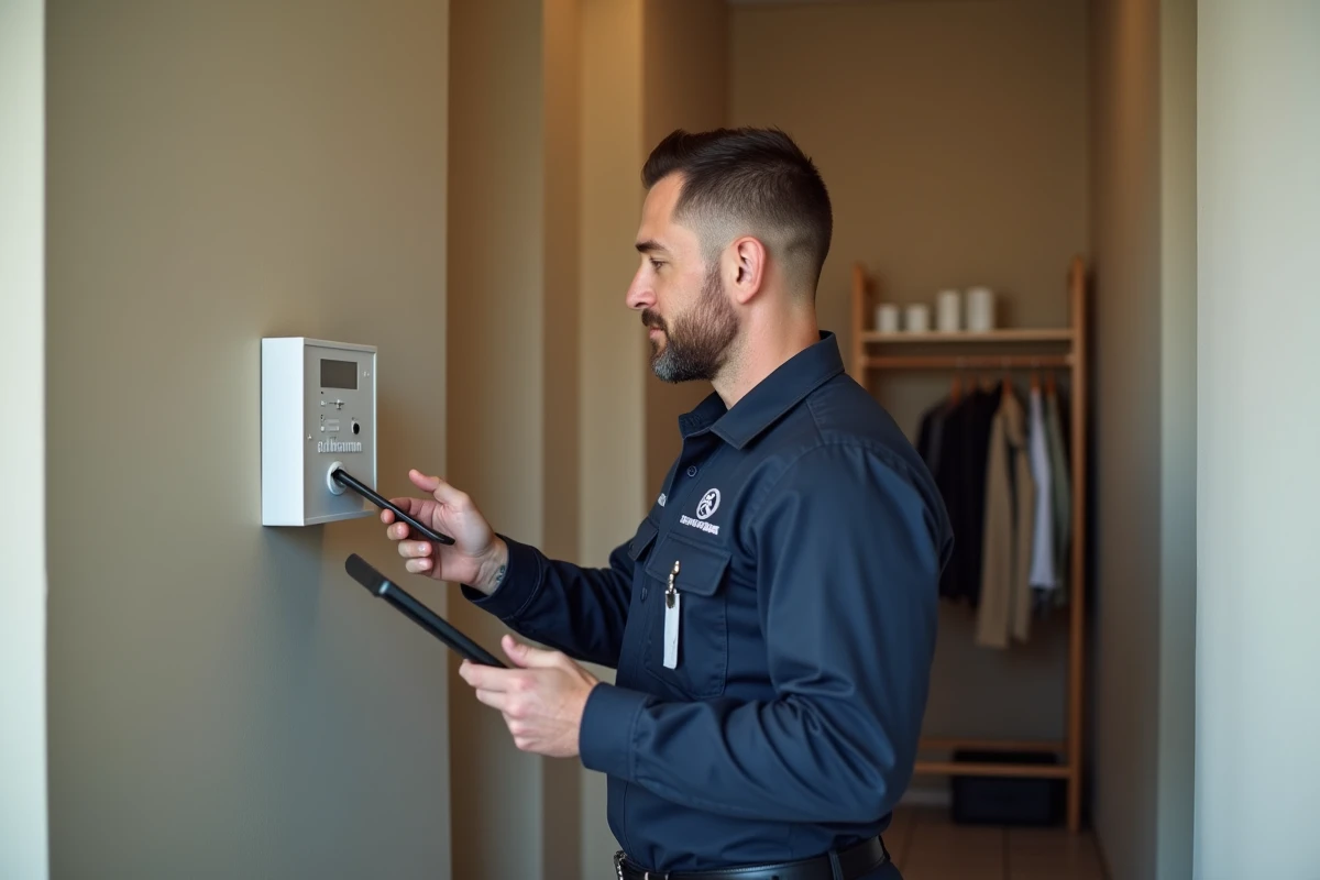 Technicien examinant un panneau de contrôle d'alarme Verisure dans un couloir de maison moderne