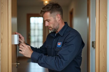 Technicien en uniforme installant un capteur d'alarme sur un cadre de porte dans un couloir d'une maison résidentielle
