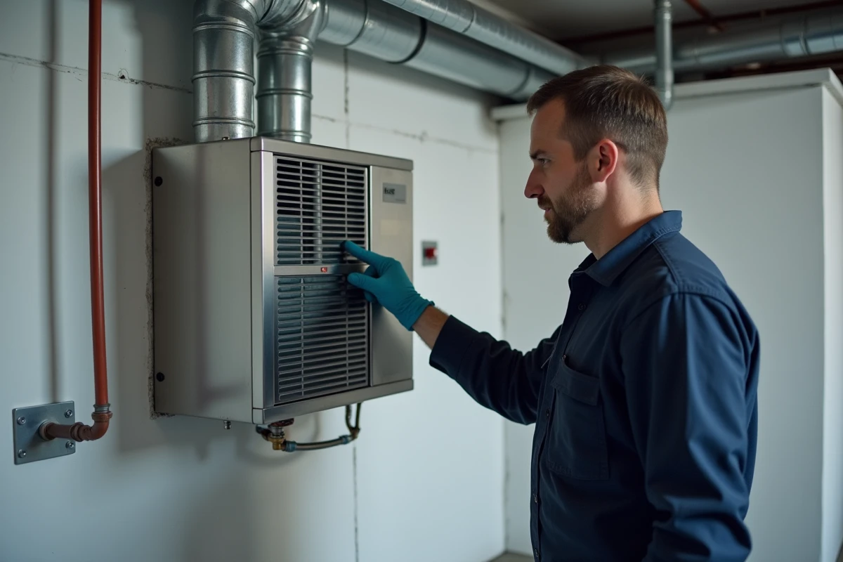 Technicien HVAC inspectant un récupérateur de chaleur à double flux installé dans une cave résidentielle moderne
