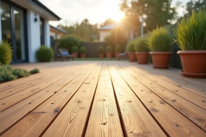 Terrasse en bois naturel durable avec grain apparent et plantes ornementales autour d'une maison moderne