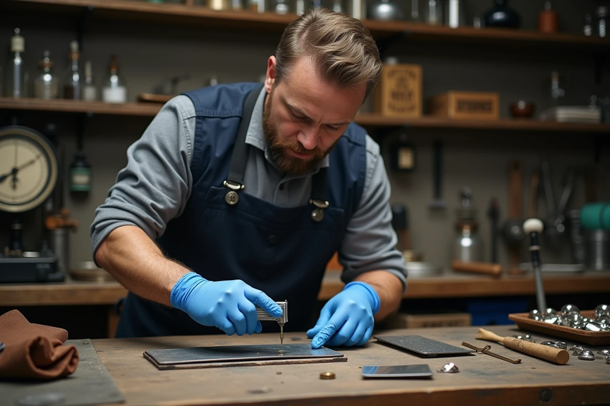 Test à l'acide nitrique sur métal argenté dans un atelier de joaillerie artisanale