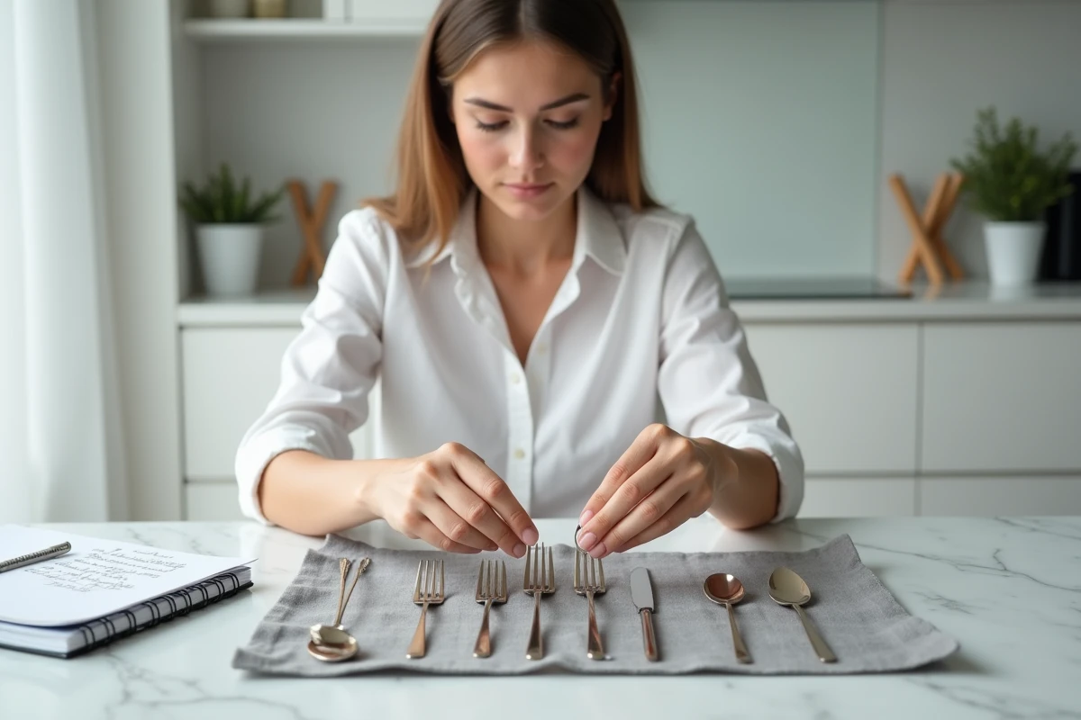 Test au magnet sur couverts et bijoux argentés posés sur tissu gris dans une cuisine moderne