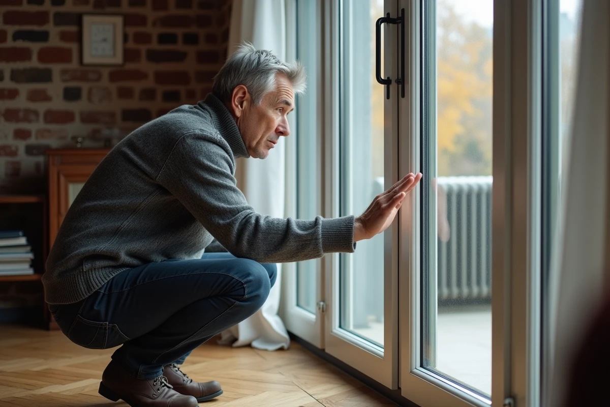 Homme testant l'isolation thermique d'une fenêtre à triple vitrage en PVC dans un salon avec parquet en bois et mur en brique