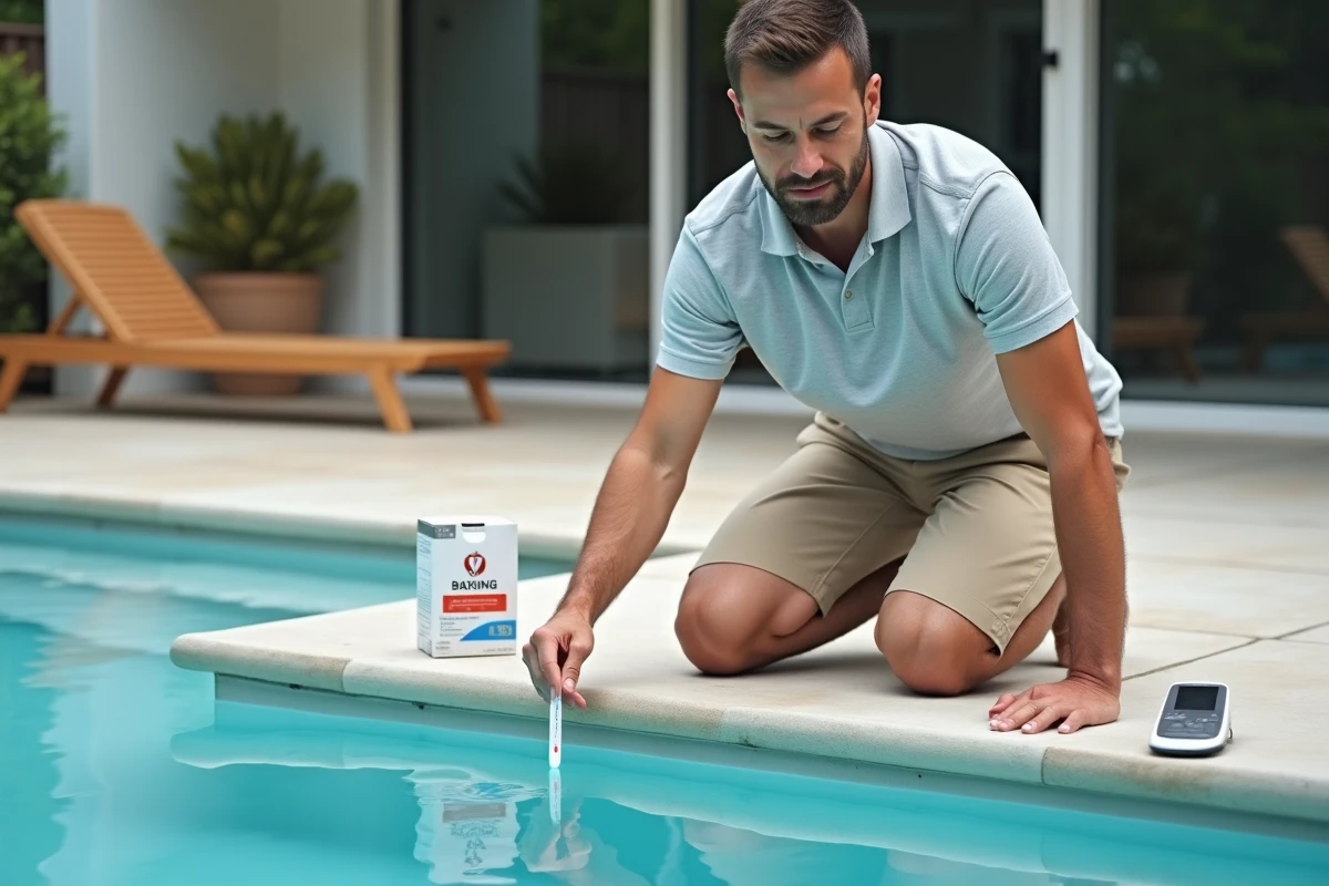 Homme testant le pH de l'eau de la piscine avec du bicarbonate de soude posé sur le bord