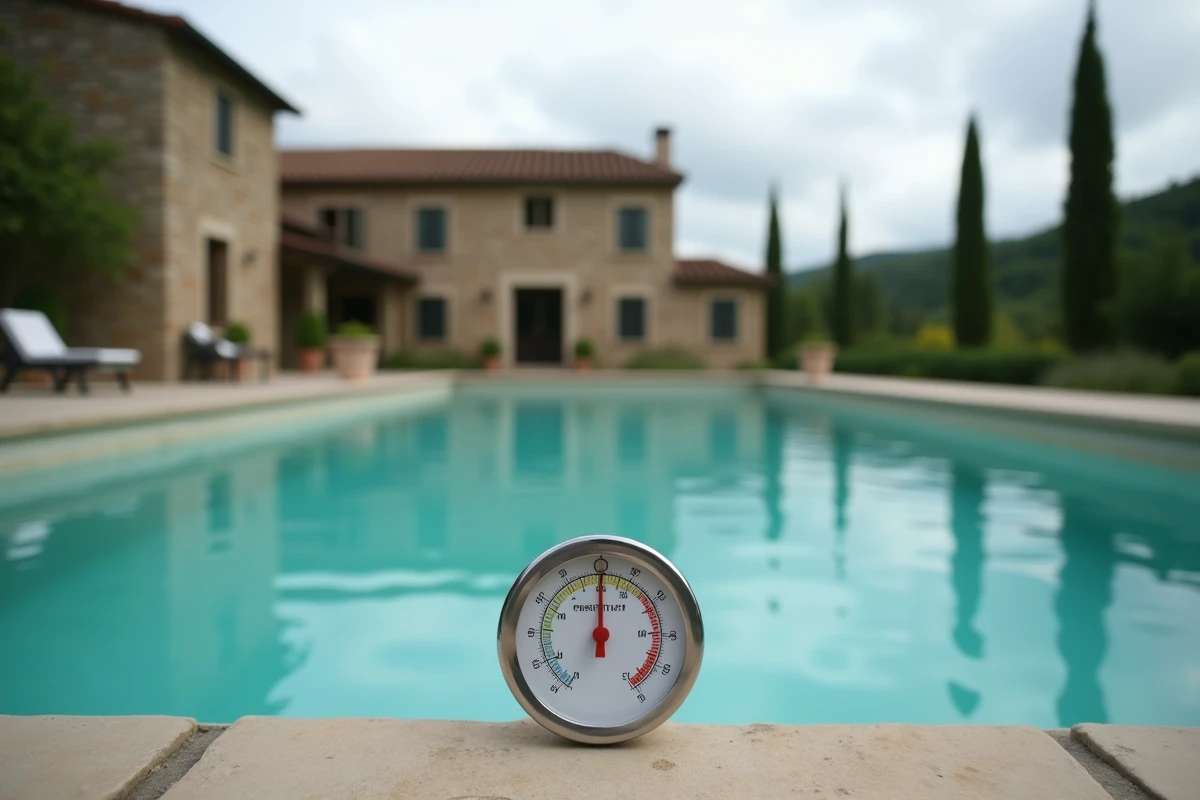 Thermomètre flottant indiquant la température d'une piscine extérieure non chauffée sous ciel nuageux