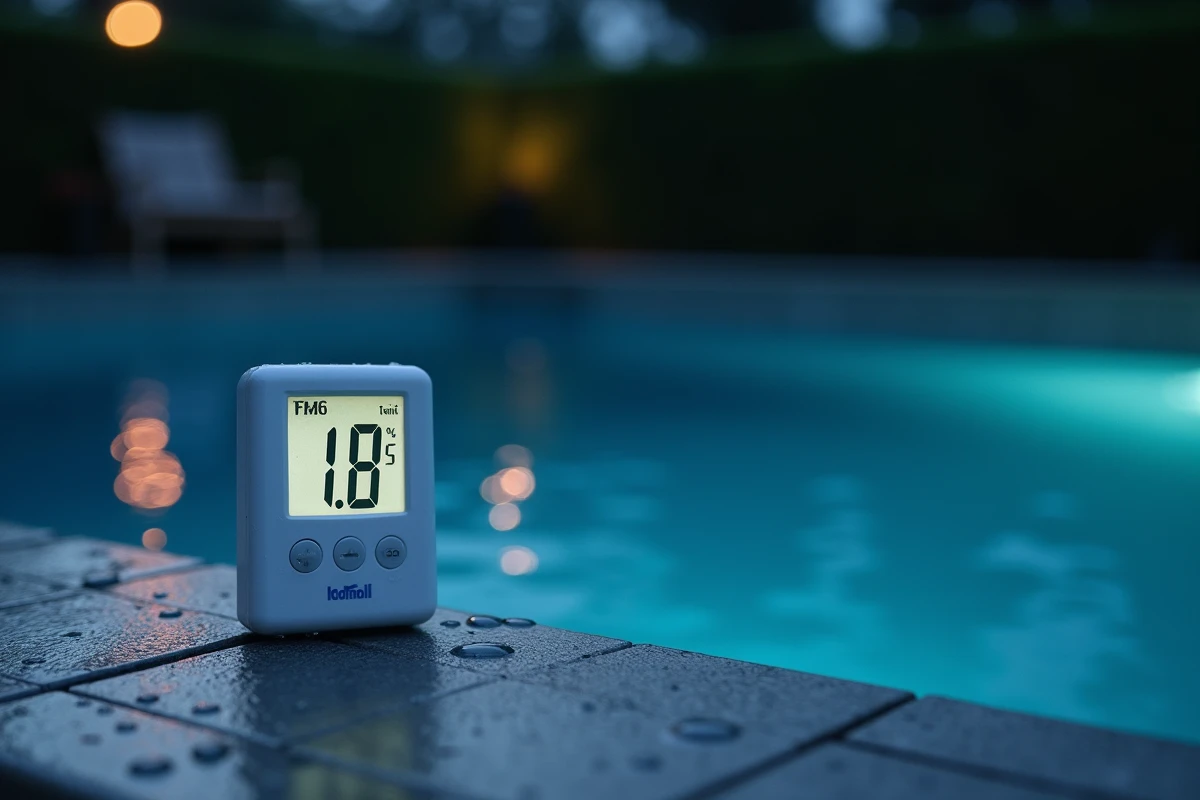Thermomètre de piscine affichant la température de l'eau en pleine nuit sur le bord carrelé d'un bassin