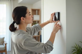 Femme réglant un thermostat intelligent pour réduire la consommation énergétique à la maison