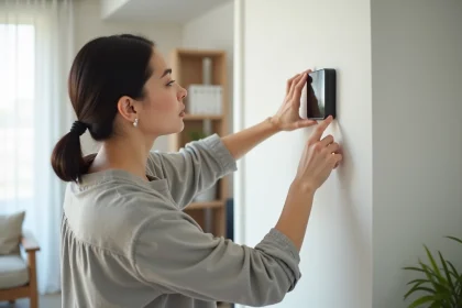 Femme réglant un thermostat intelligent pour réduire la consommation énergétique à la maison