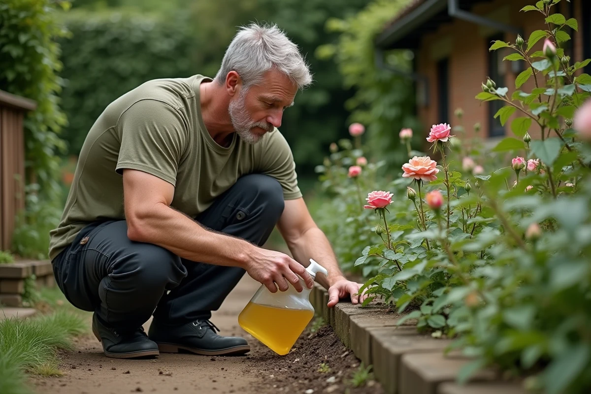 Homme appliquant un répulsif naturel contre les insectes sur des rosiers dans un jardin de cottage