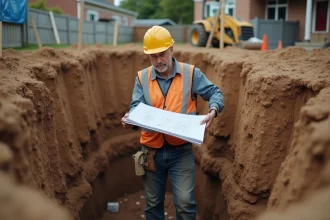 Ouvrier de chantier examinant des plans au bord d'une excavation profonde pour la création d'un sous-sol résidentiel