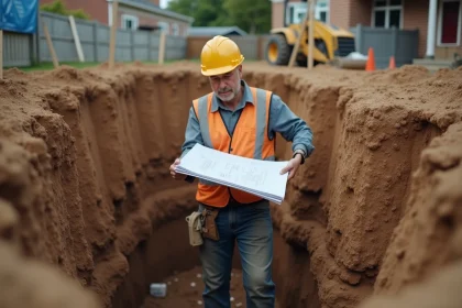 Ouvrier de chantier examinant des plans au bord d'une excavation profonde pour la création d'un sous-sol résidentiel
