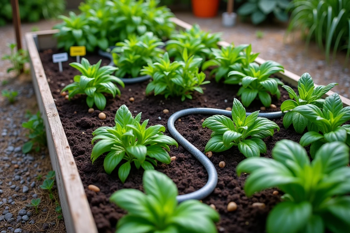 Vue aérienne d'un tuyau suintant installé dans un carré potager surélevé avec des herbes aromatiques