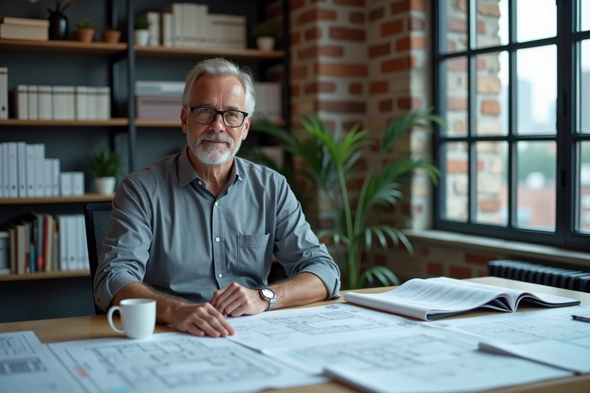 Urbaniste analysant des plans et calculs de prix au mètre carré dans un bureau professionnel avec vue sur la ville