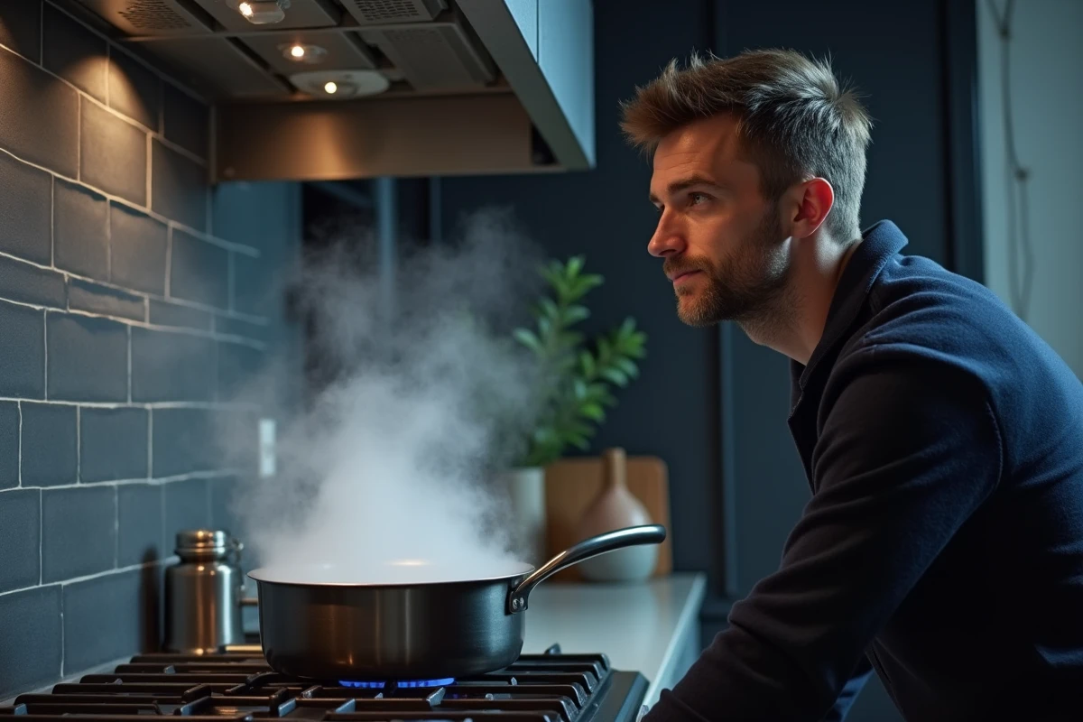 Homme observant la vapeur d'eau s'échappant d'une casserole d'eau bouillante sur une cuisinière à gaz