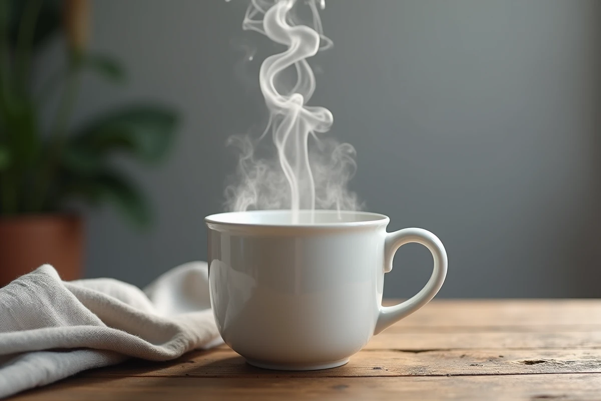 Gros plan d'une tasse en céramique blanche avec de la vapeur d'eau qui s'élève en volutes sur une table en bois
