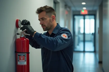 Technicien en sécurité incendie inspectant un extincteur rouge dans un couloir de bureau, vérification de la date de validité