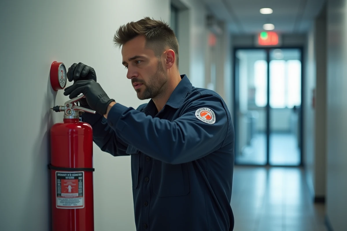 Technicien en sécurité incendie inspectant un extincteur rouge dans un couloir de bureau, vérification de la date de validité
