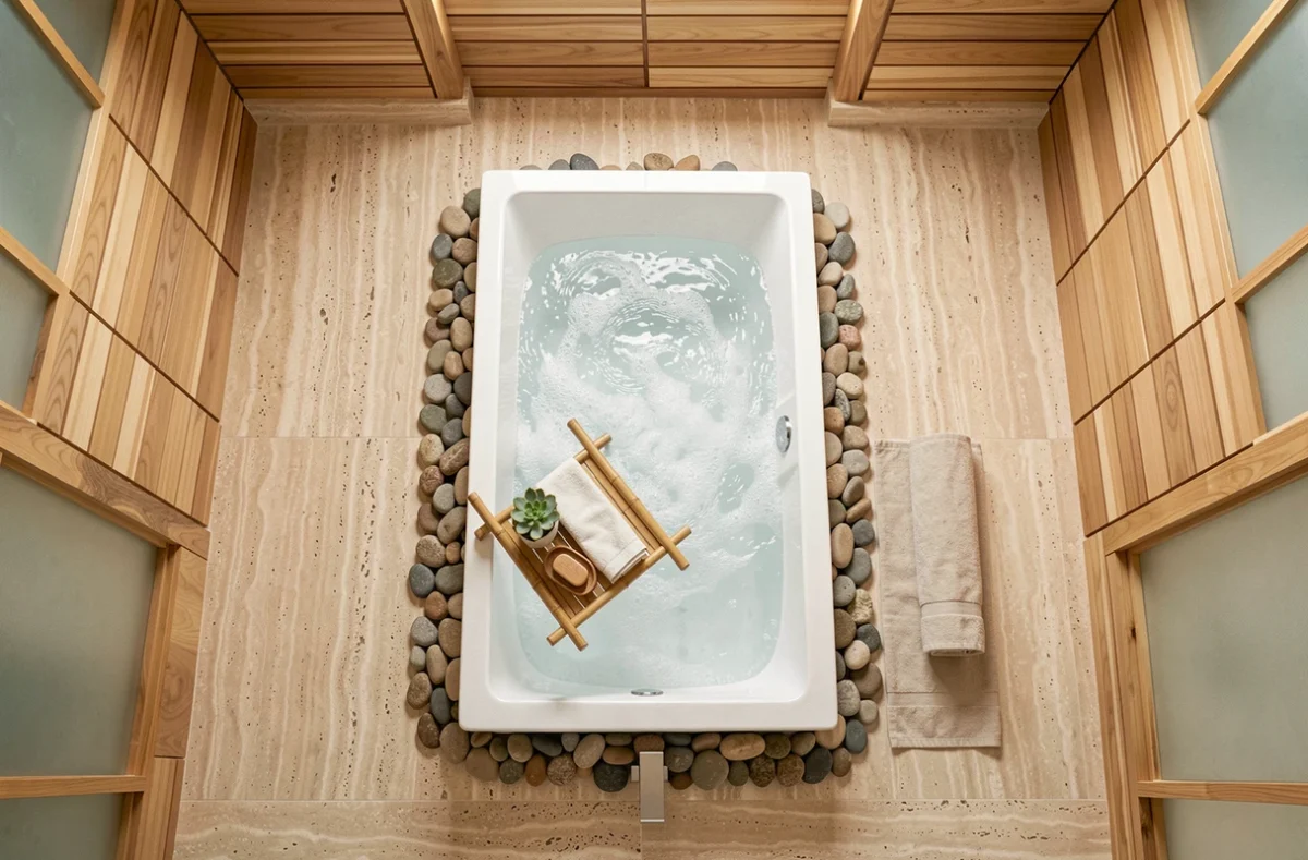 Vue aérienne d'une baignoire balnéo rectangulaire autoportante sur sol en travertin dans une salle de bain luxueuse avec caddy en bambou