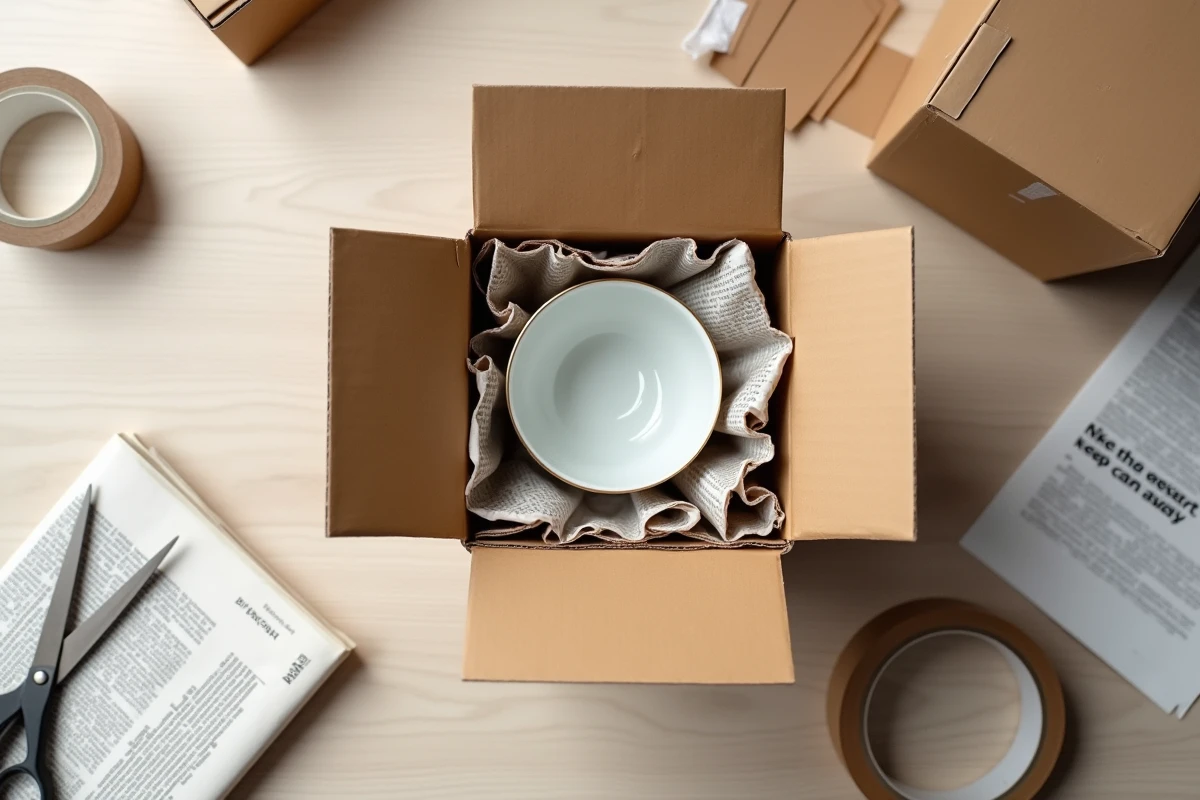Vue aérienne d'une boîte carton ouverte avec une tasse en porcelaine calée par des journaux froissés et du papier de soie comme alternative au papier bulle