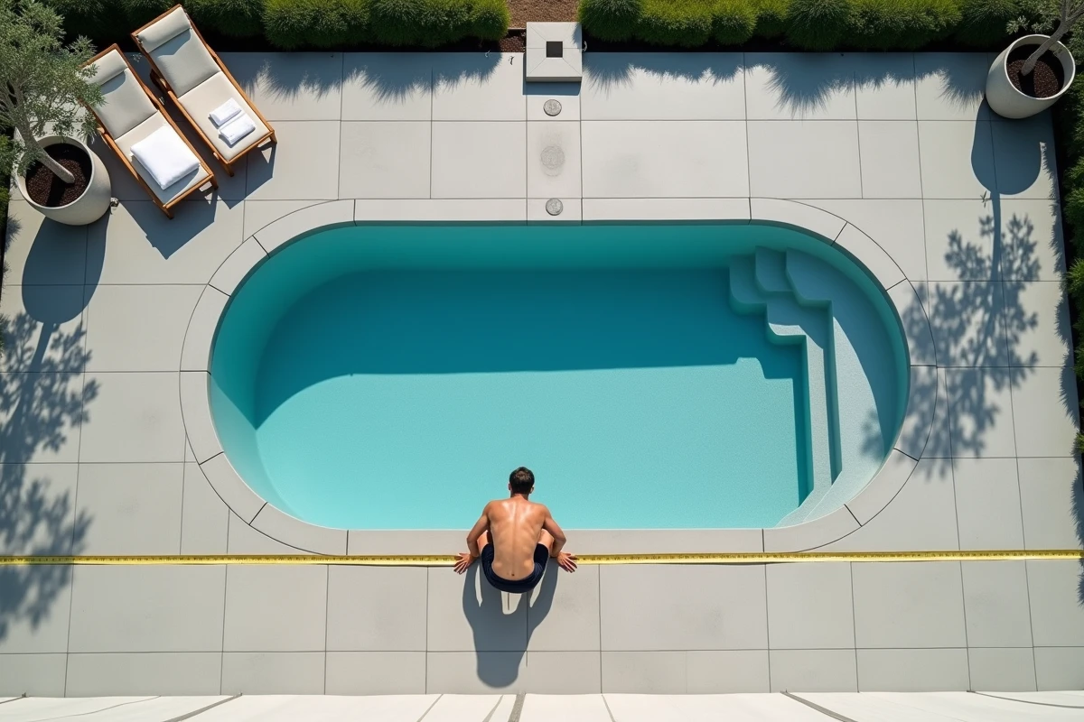Vue aérienne d'une piscine ovale de 10m2 sur une terrasse carrelée avec prise de mesures