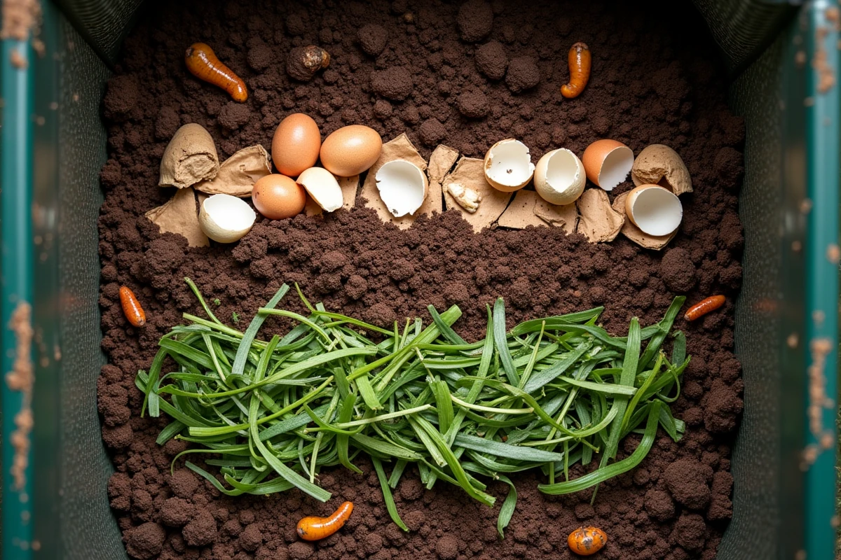 Vue de dessus d'un tas de compost débutant avec des couches de matières vertes et brunes visibles dans un enclos en grillage